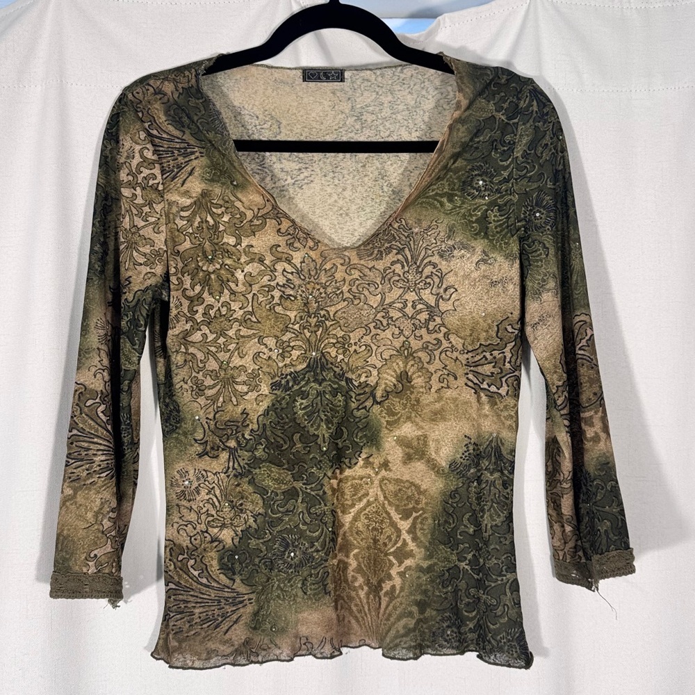 Vintage Olive Green V-Neck Top with Rhinestone Details